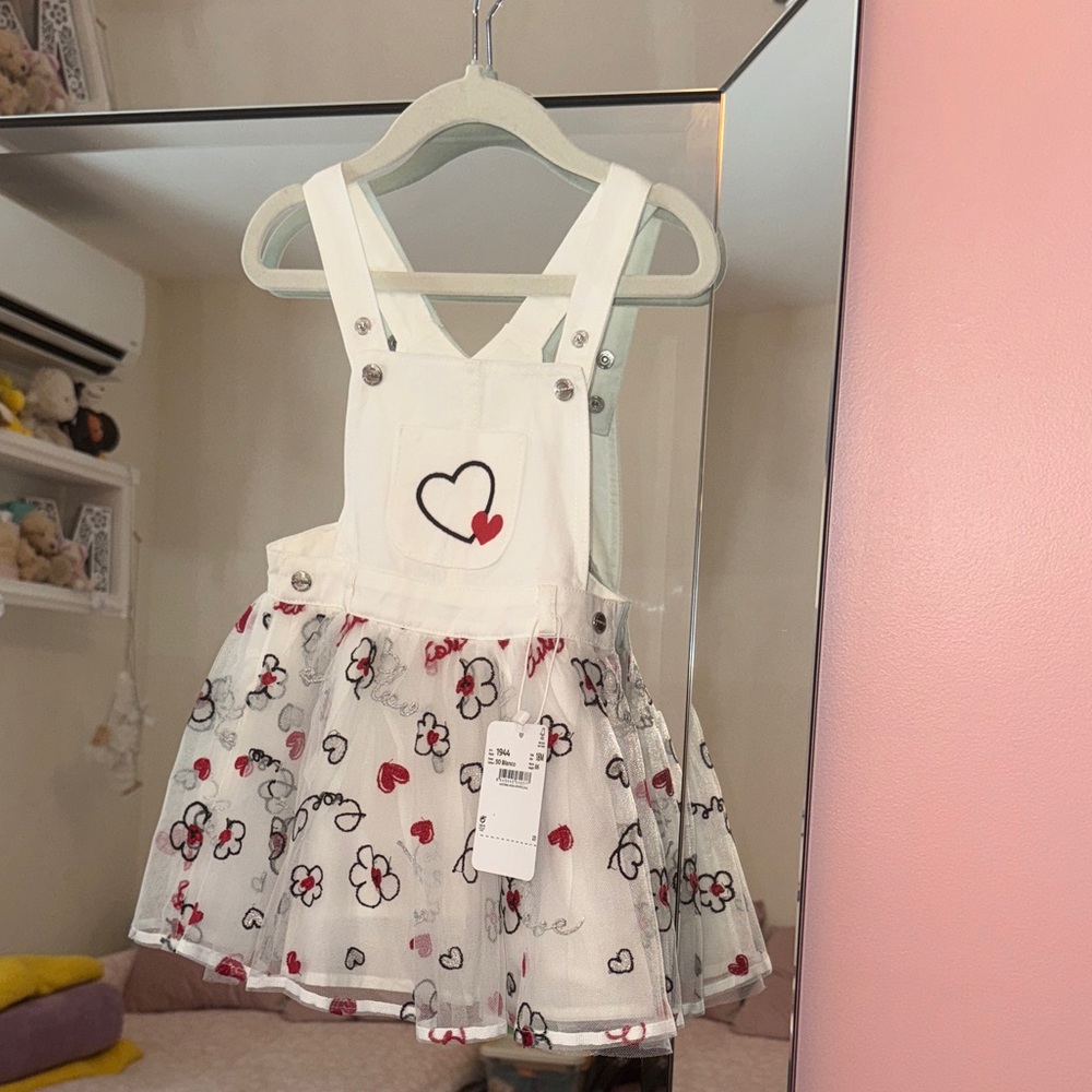 Mayoral White Dress with Red and Black Heart Design